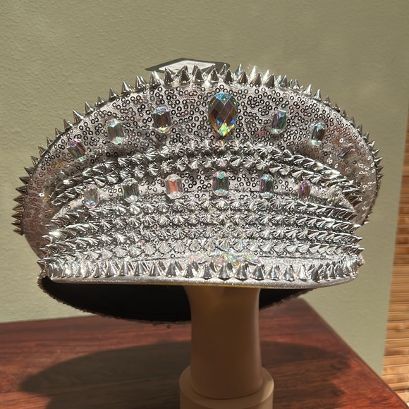 Akira Silver Sequins Rhinestones And Spikes Captain\'s Style Hat Size S/M